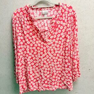St Johns Bay Womens XL Red Daisy Floral Retro Cottagecore Summer Casual Blouse